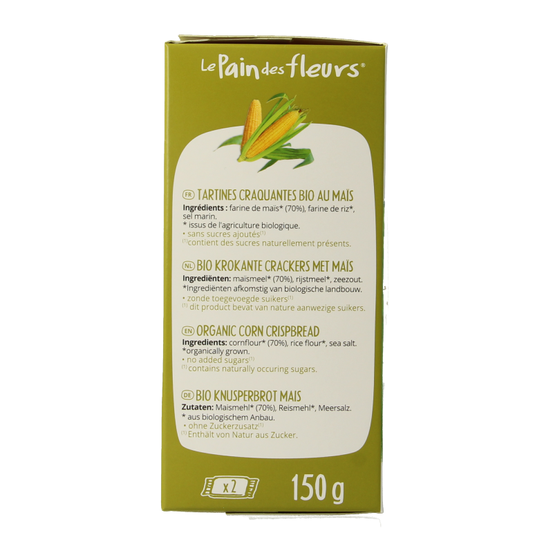 Pain Des Fleurs gluten-free crispy crackers in a 150g package, showcasing golden, flaky bread-like texture.
