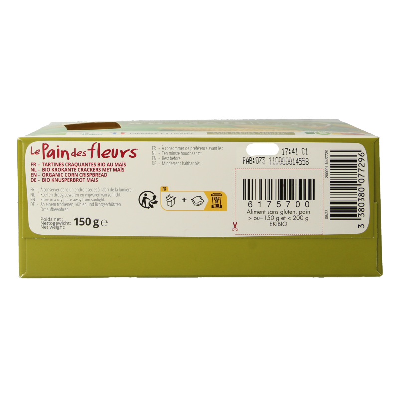 Pain Des Fleurs gluten-free crunchy crackers in a 150g package, showcasing the crispy, golden-brown texture of the bread.
