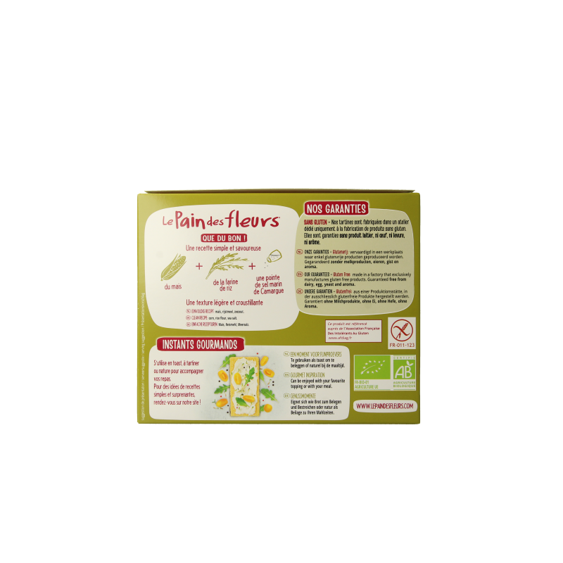Pain Des Fleurs gluten-free crispy crackers in a 150g package, featuring a golden, crunchy texture and natural ingredients.