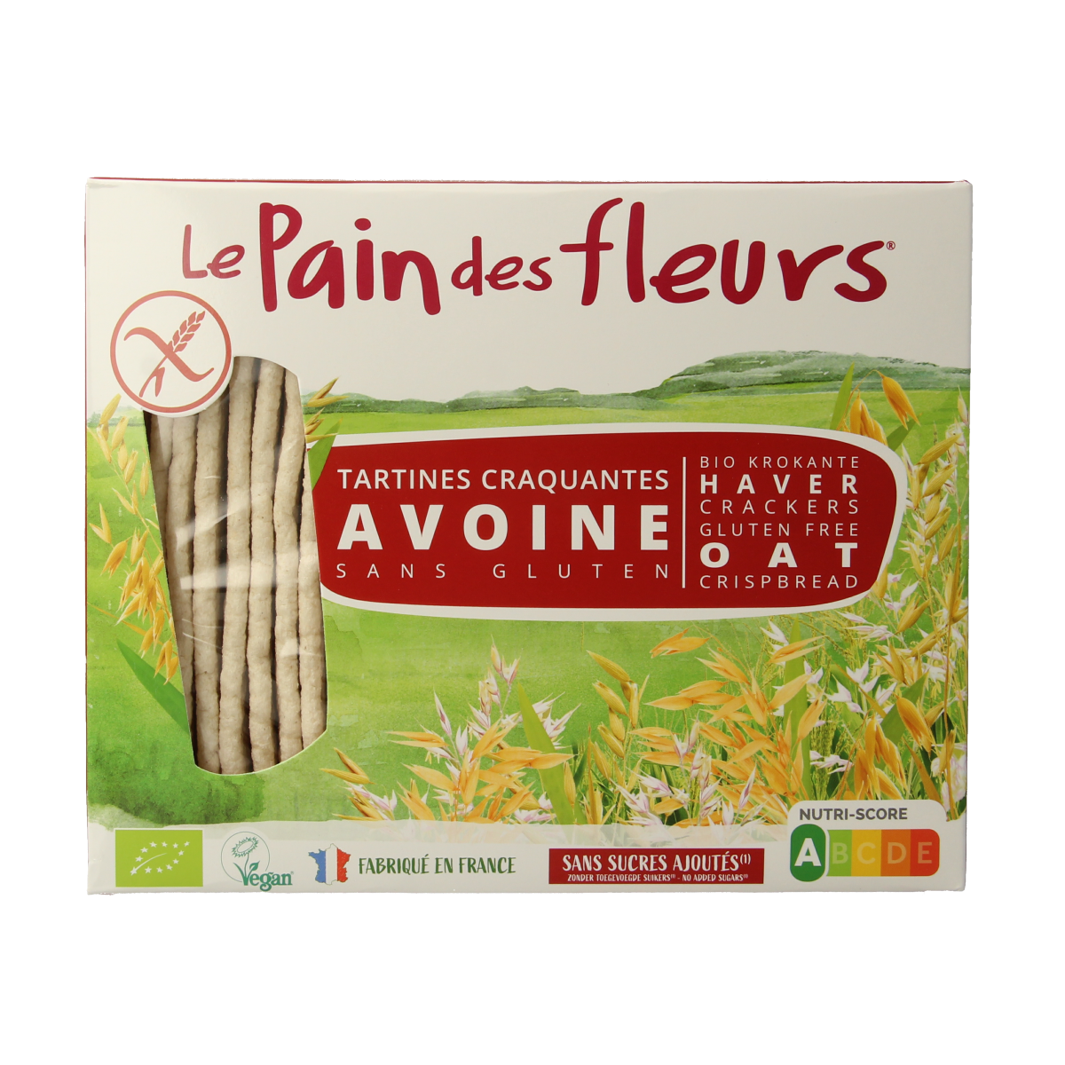Pain Des Fleurs gluten-free crispy crackers in a 150g package, showing golden, flaky texture and artisanal presentation.