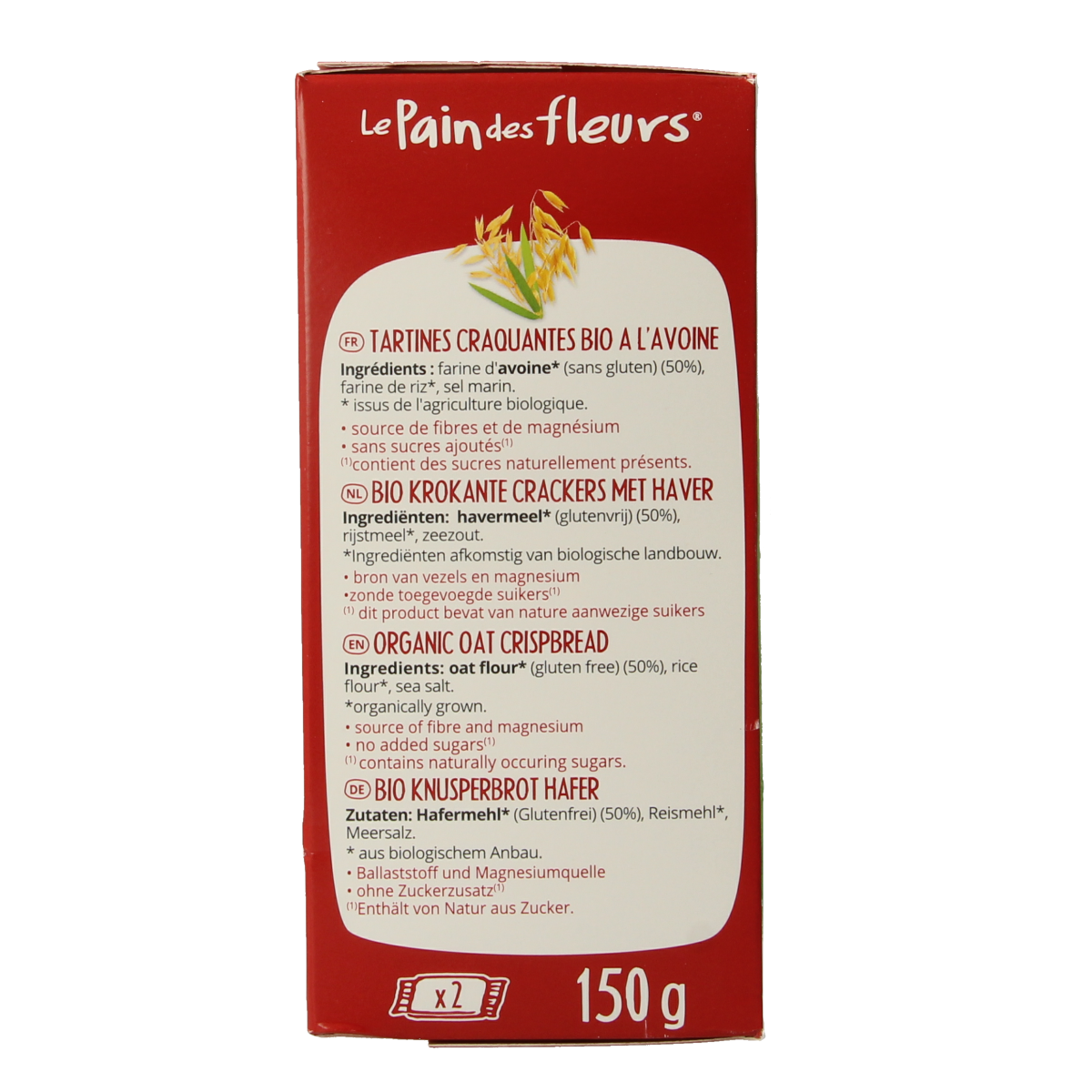 Pain Des Fleurs gluten-free, organic Krokante crackers in 150g package, crispy bread and cracker snack.