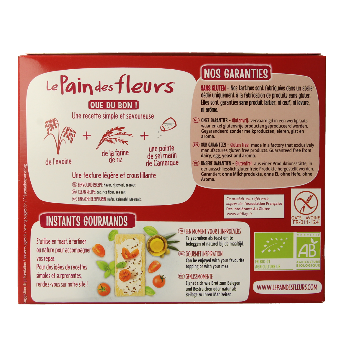 Pain Des Fleurs gluten-free crispy crackers in 150g package, showcasing golden, crunchy texture and artisanal bread style.