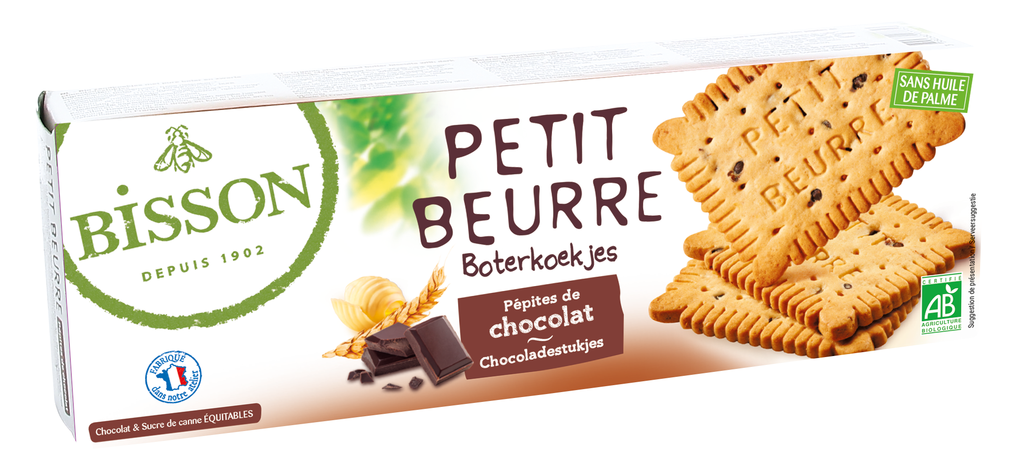 Bisson Petit Beurre biscuitjes met stukjes chocolade, biologische koeken in 150g verpakking, knapperige snack.