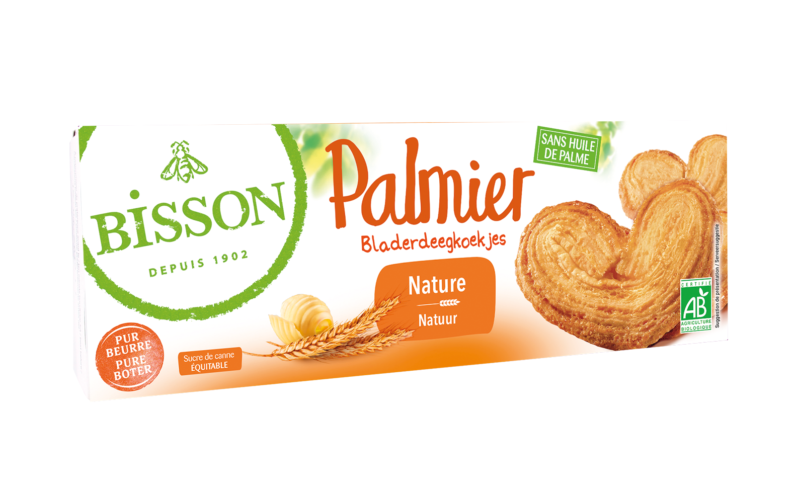 Bisson Palmier bladerdeegkoekjes bio, 100g, crispy French pastry cookies with caramelized sugar and buttery layers.