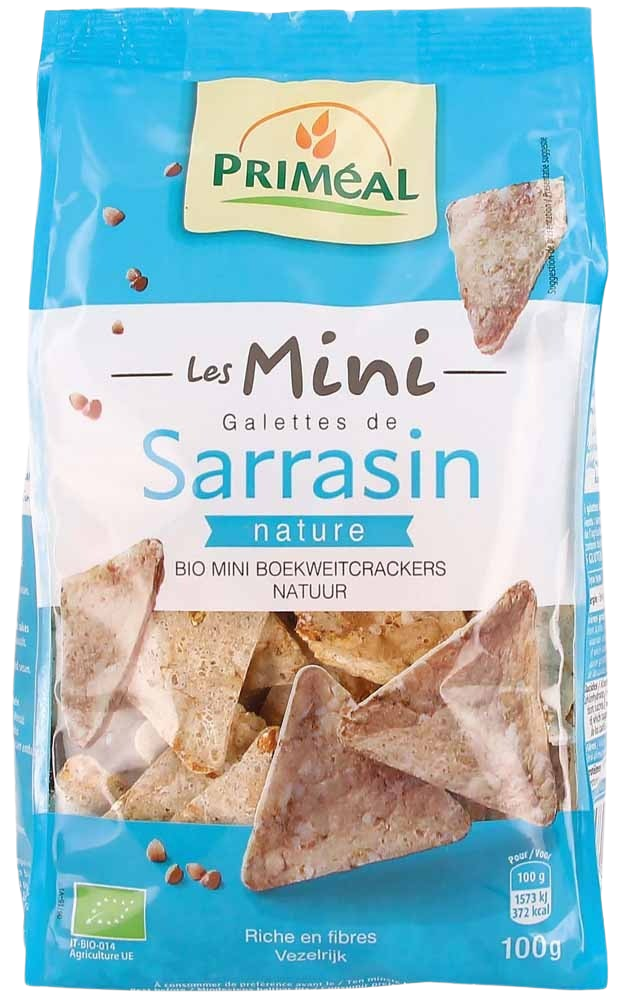 Primeal mini boekweitcrackers naturel bio in 100g package, showcasing crispy, golden brown gluten-free crackers on a white background.