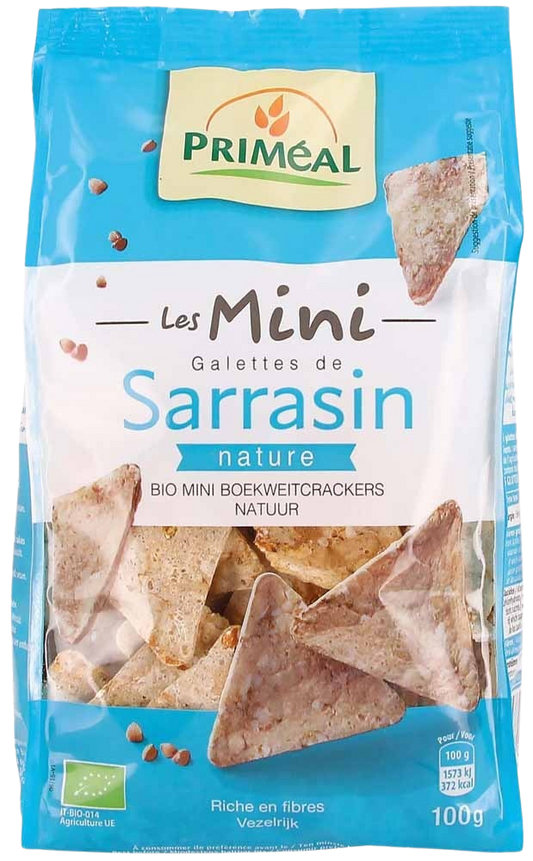 Primeal mini boekweitcrackers naturel bio in 100g package, showcasing crispy, golden brown gluten-free crackers on a white background.