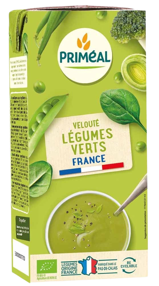 Primeal bio groene groenten gebonden soep in 330ml container, smooth, creamy vegetable soup with fresh green vegetables.