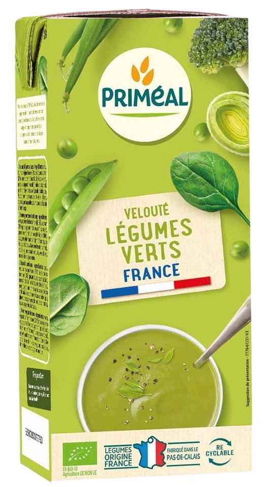 Primeal bio groene groenten gebonden soep in 330ml container, smooth, creamy vegetable soup with fresh green vegetables.