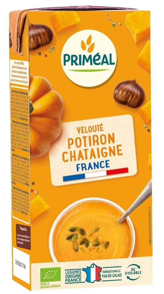 Primeal Veloute gebonden soep pompoen kastanje in 330ml container, creamy organic pumpkin and chestnut soup with a smooth texture.