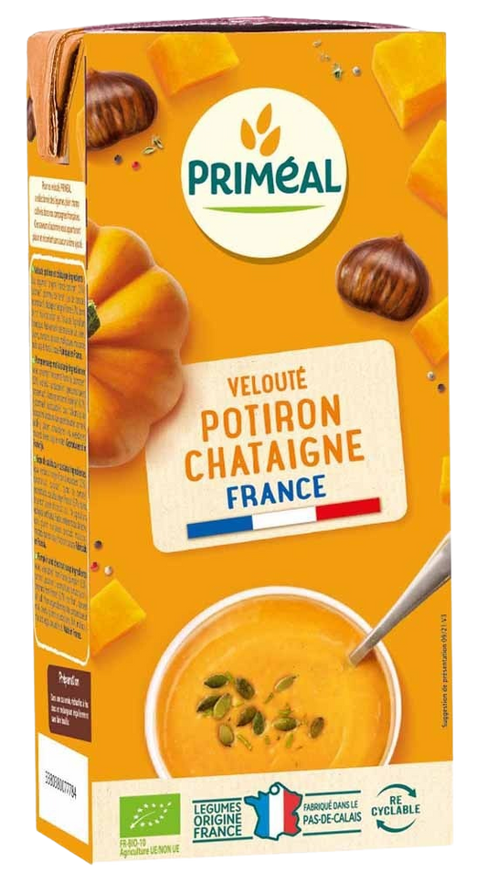 Primeal Veloute gebonden soep pompoen kastanje in 330ml container, creamy organic pumpkin and chestnut soup with a smooth texture.