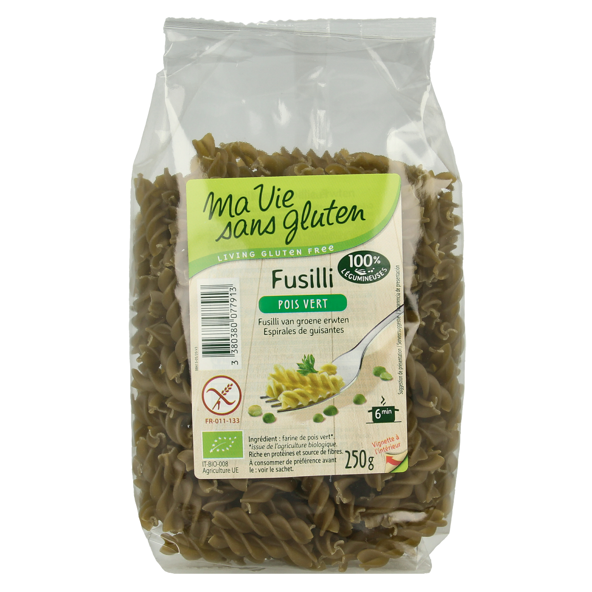 Gluten-free organic Ma Vie Sans Fusilli pasta with green peas, 250g, in a clear image showing the pasta shape and vibrant green peas.