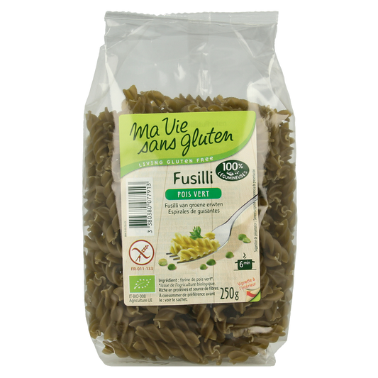 Gluten-free organic Ma Vie Sans Fusilli pasta with green peas, 250g, in a clear image showing the pasta shape and vibrant green peas.