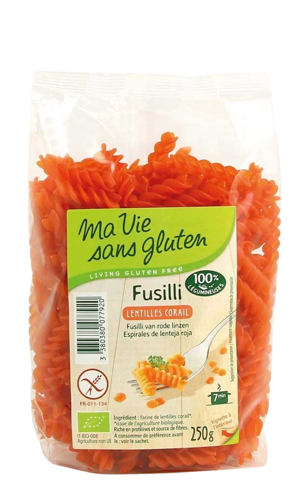 Ma Vie Sans rode linzen fusilli pasta, glutenfree and organic, 250g, in a close-up image showing the pasta shape and packaging.