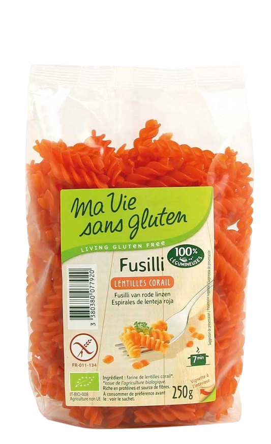 Ma Vie Sans rode linzen fusilli pasta, glutenfree and organic, 250g, in a close-up image showing the pasta shape and packaging.