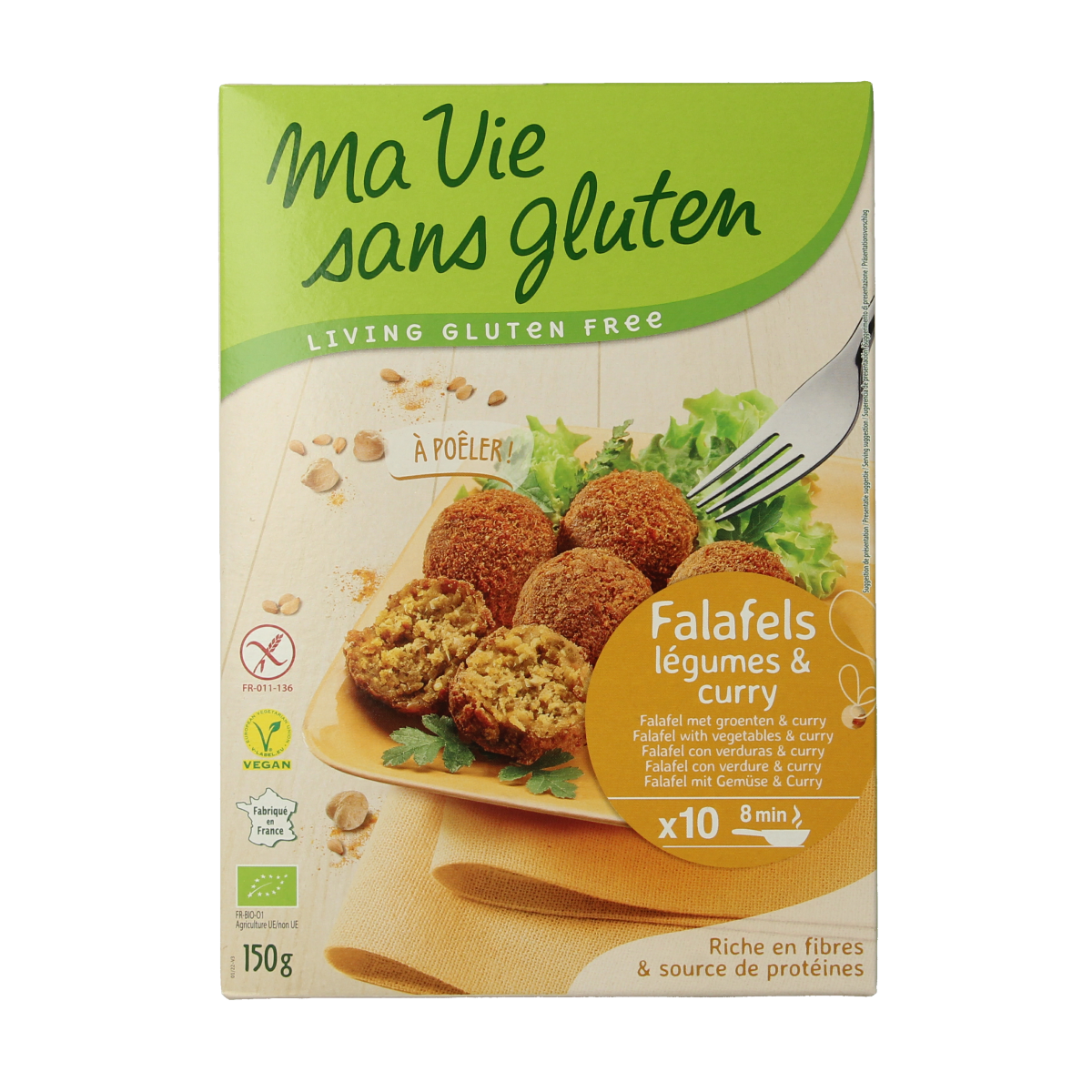 Ma Vie Sans glutenvrije kant-en-klare maaltijd met falafel, groenten en curry in een 150g verpakking.