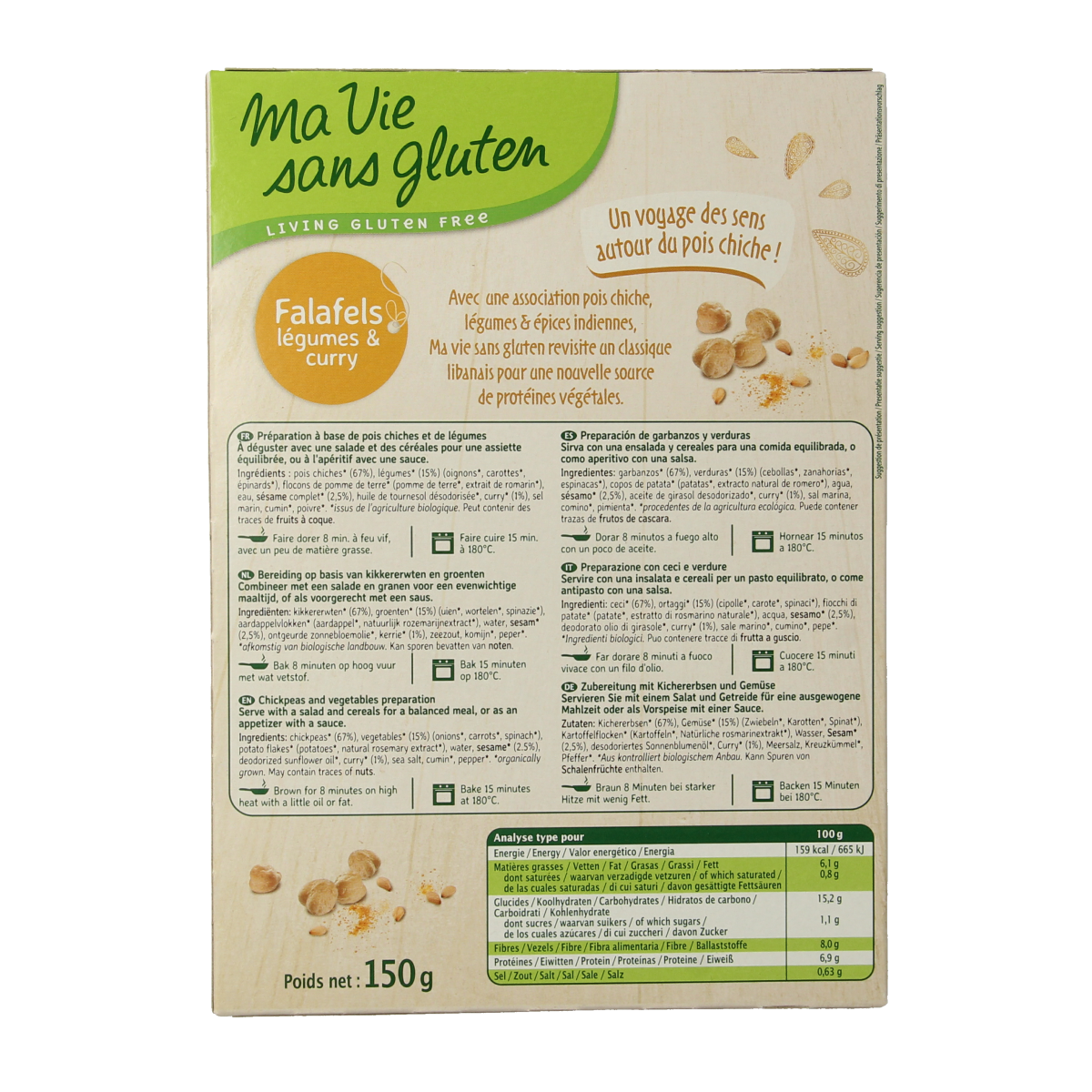 Ma Vie Sans gluten-free falafel with vegetables and curry, ready-to-eat bio meal in a 150g package.