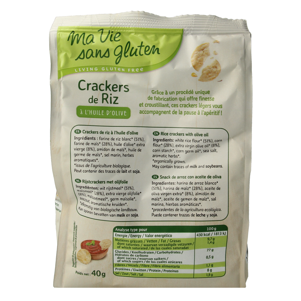 Gluten-free Ma Vie Sans rice crackers with olive oil, bio, 40g, featuring light, crispy texture and golden-brown appearance.