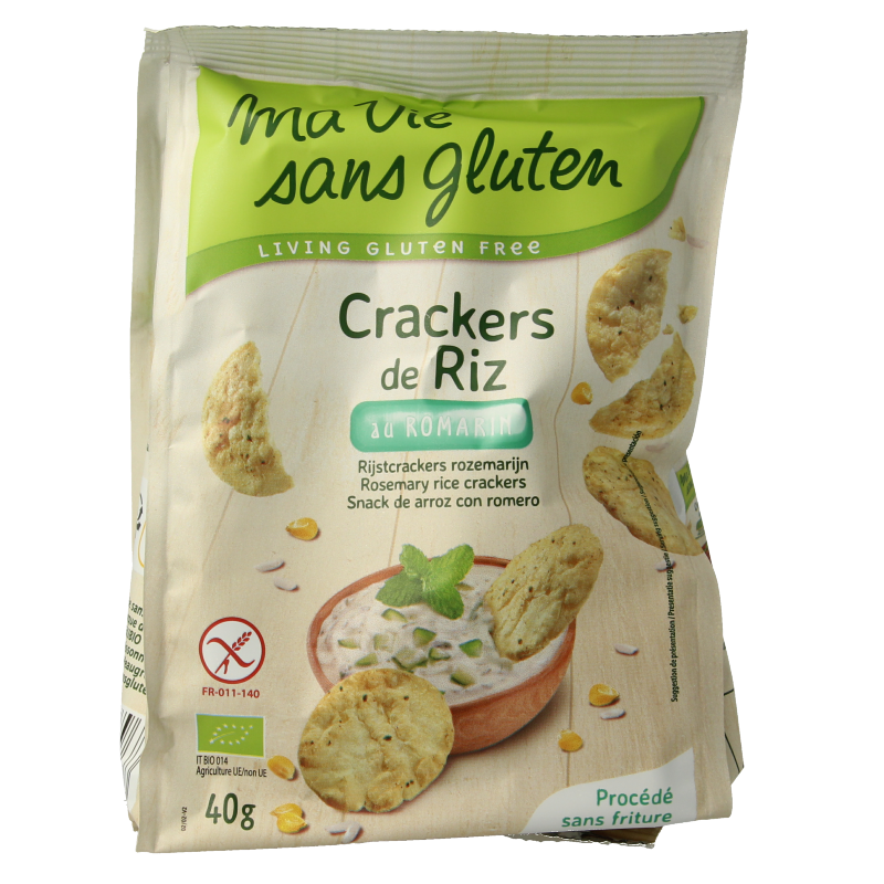 Gluten-free Ma Vie Sans rozemarijn rice crackers in a 40g package, featuring crispy rice-based crackers with rosemary flavor.