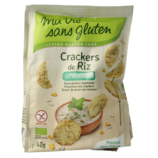 Gluten-free Ma Vie Sans rozemarijn rice crackers in a 40g package, featuring crispy rice-based crackers with rosemary flavor.