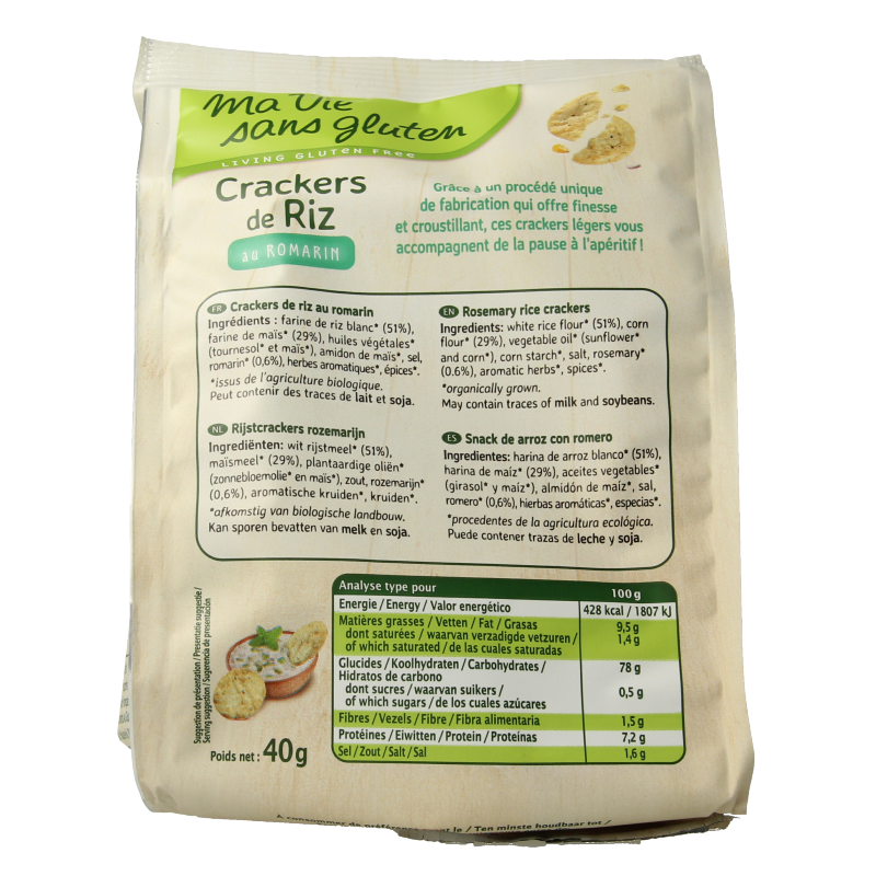 Gluten-free Ma Vie Sans rosemary rice cracker in 40g package, crispy, savory snack with natural rosemary flavor.