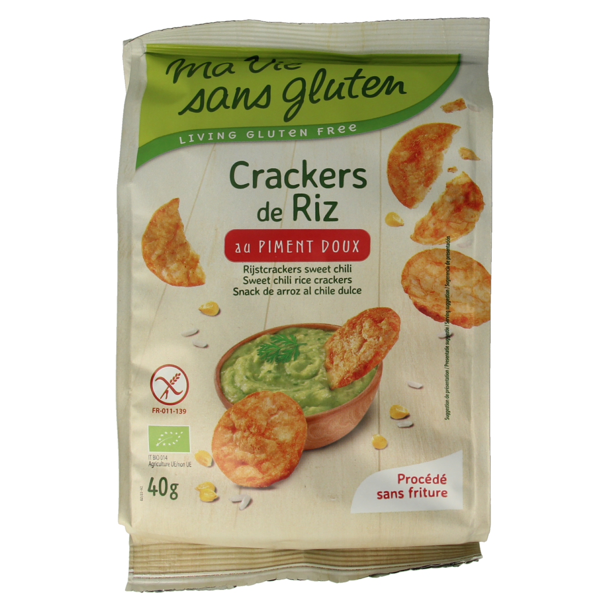 Ma Vie Sans rice crackers with sweet chili flavor, gluten-free, organic, 40g, featuring crispy texture and vibrant chili seasoning.