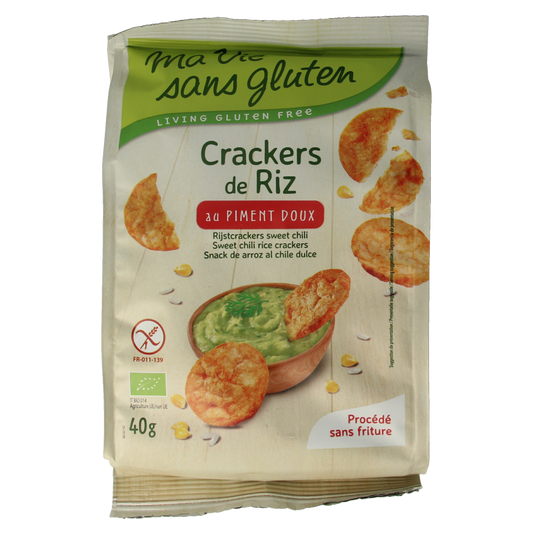 Ma Vie Sans rice crackers with sweet chili flavor, gluten-free, organic, 40g, featuring crispy texture and vibrant chili seasoning.