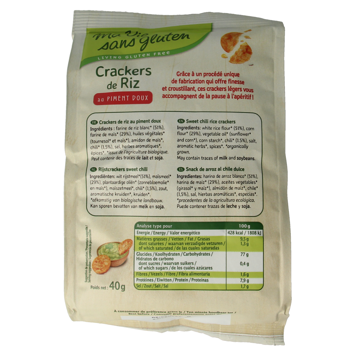 Ma Vie Sans gluten free rice cracker with sweet chili flavor, 40g, showing crispy crackers with a spicy chili topping.