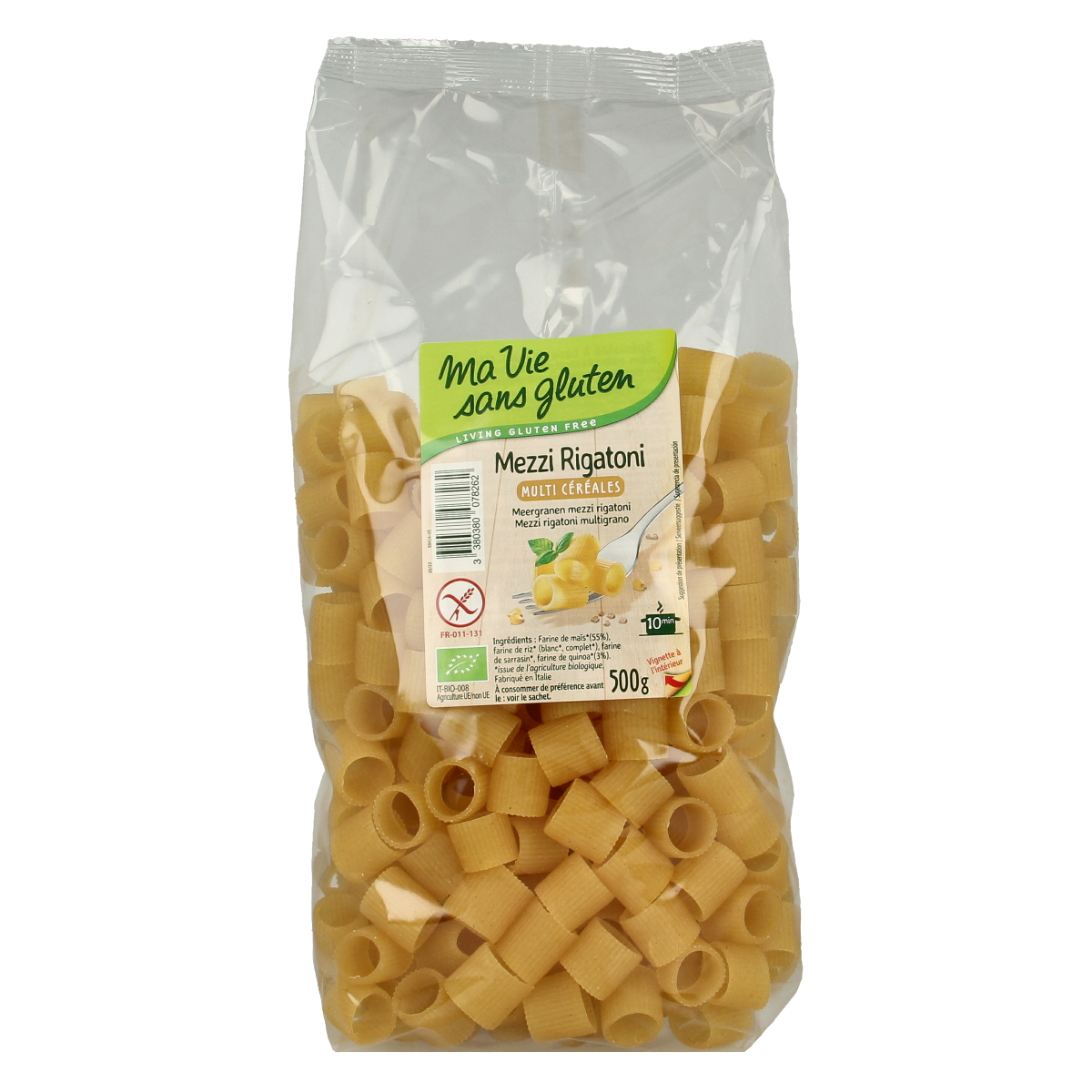 Gluten-free Ma Vie Sans Mezzi Rigatoni pasta in a 500g package, made from organic rice and grains, ready for cooking.