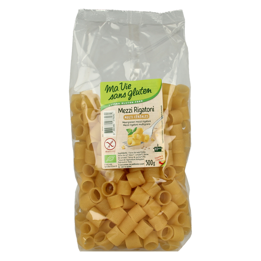 Gluten-free Ma Vie Sans Mezzi Rigatoni pasta in a 500g package, made from organic rice and grains, ready for cooking.