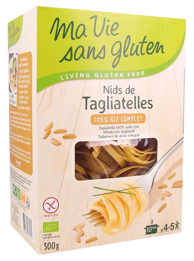 Ma Vie Sans volkoren rijst tagliatelle pasta, glutenvrij en biologisch, 300g, uncooked pasta strands on a white background.