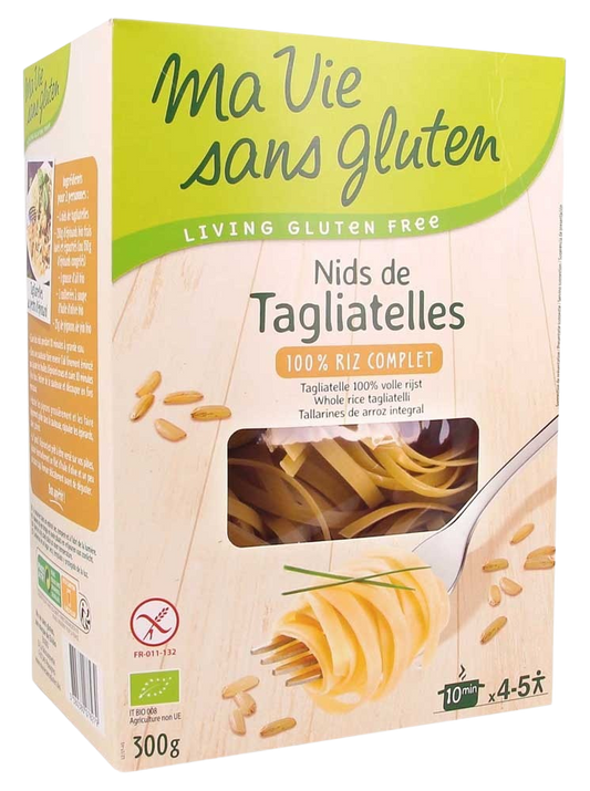 Ma Vie Sans volkoren rijst tagliatelle pasta, glutenvrij en biologisch, 300g, uncooked pasta strands on a white background.
