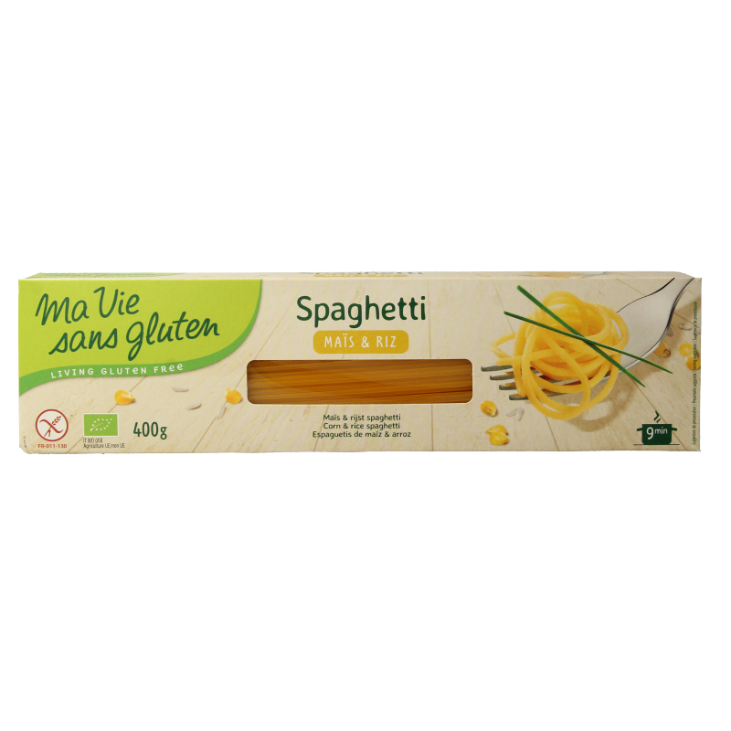 Gluten-free Ma Vie Sans pasta made from maize and rice, 400g, in a clear package showing the pasta inside.
