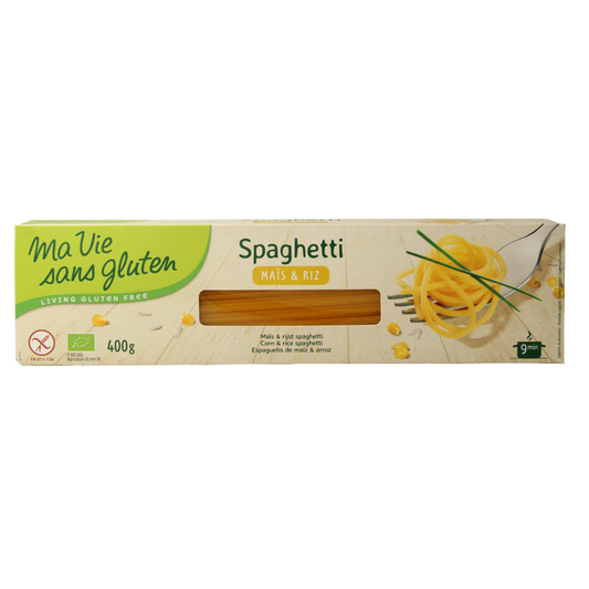 Gluten-free Ma Vie Sans pasta made from maize and rice, 400g, in a clear package showing the pasta inside.