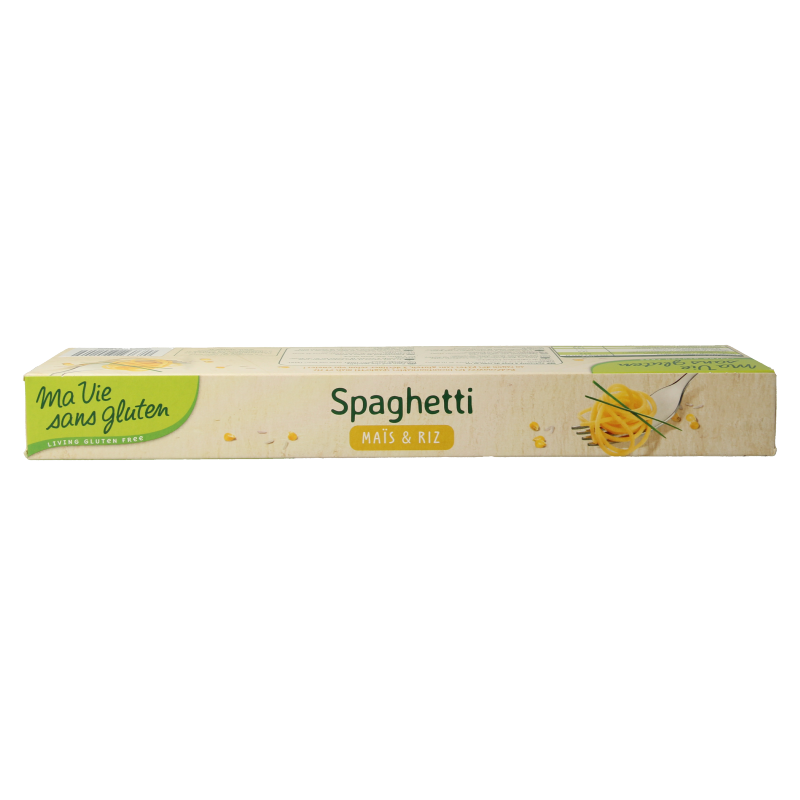 Gluten-free Ma Vie Sans spaghetti made from corn and rice, 400g package, uncooked pasta in a clear bag with brand label