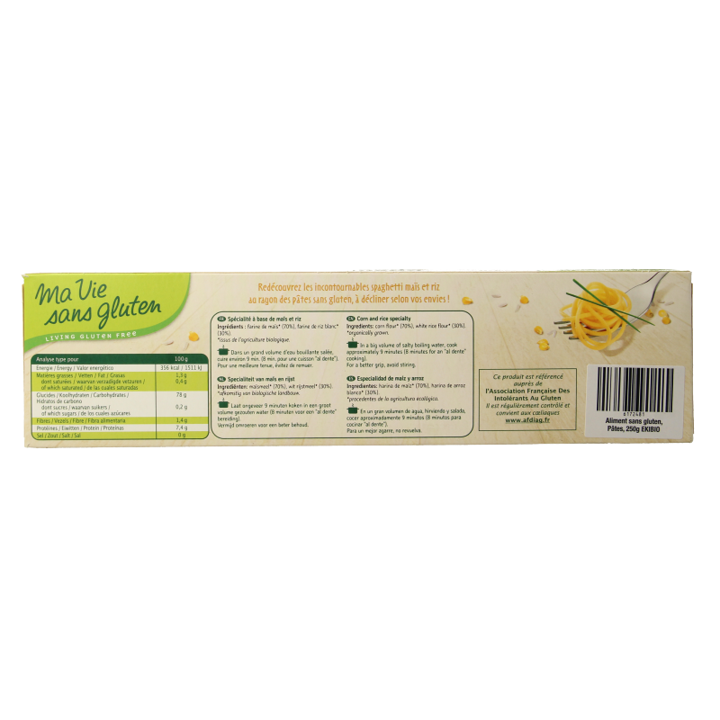 Gluten-free Ma Vie Sans maize and rice spaghetti in a 400g package, made with organic ingredients, ready for cooking.
