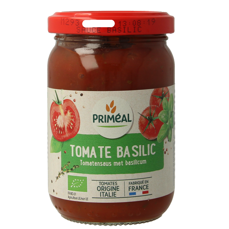 Primeal biologische tomaten-basilicum pastasaus in 200g container, ideal for flavorful Italian dishes, from Primeal.