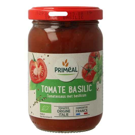 Primeal biologische tomaten-basilicum pastasaus in 200g container, ideal for flavorful Italian dishes, from Primeal.