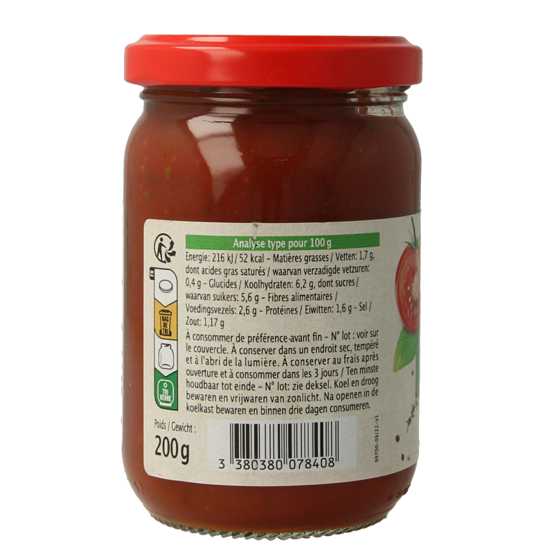 Primeal bio tomato basil pasta sauce jar with label, showcasing fresh ingredients and natural flavor in a 200g container.