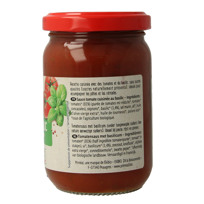 Organic Primeal tomato basil pasta sauce in a 200g jar, with fresh basil and ripe tomatoes visible in the image.