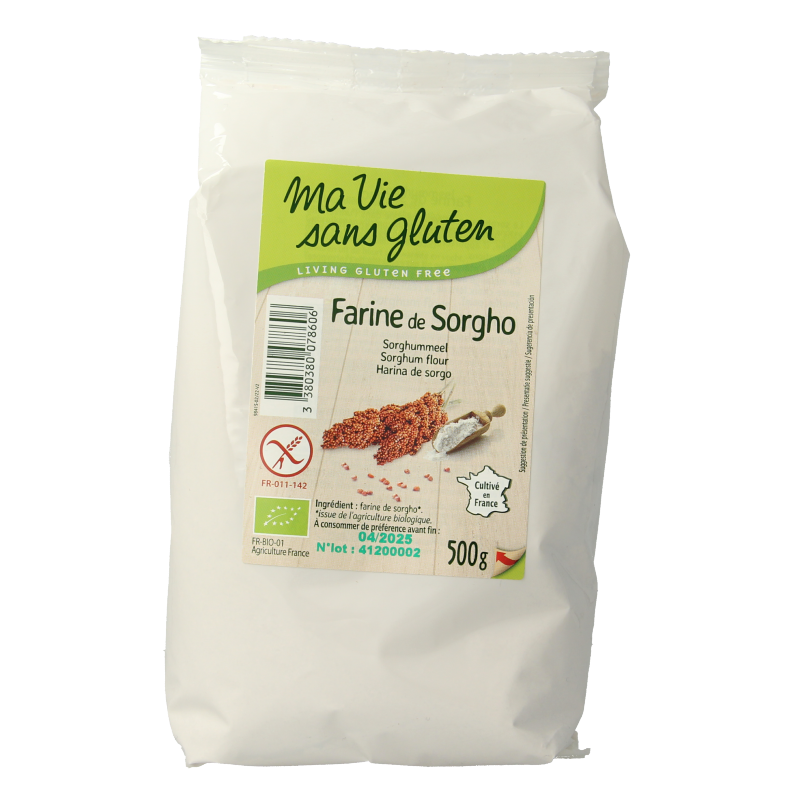 Organic gluten-free sorghum flour from Ma Vie Sans, 500 grams, shown in a resealable bag for baking and cooking.