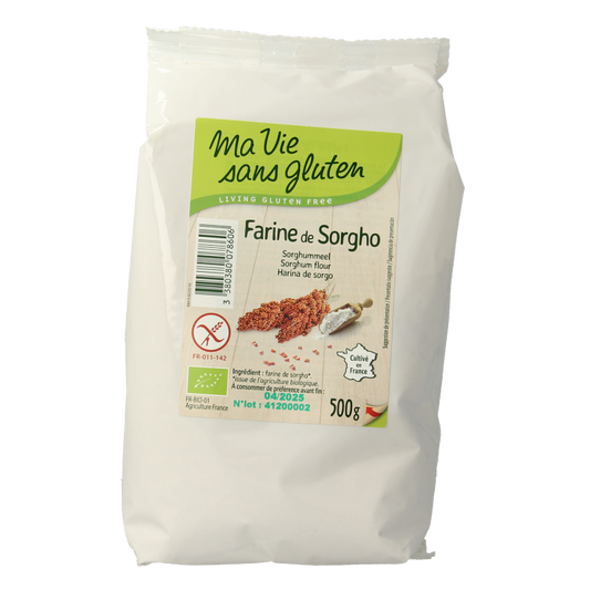 Organic gluten-free sorghum flour from Ma Vie Sans, 500 grams, shown in a resealable bag for baking and cooking.