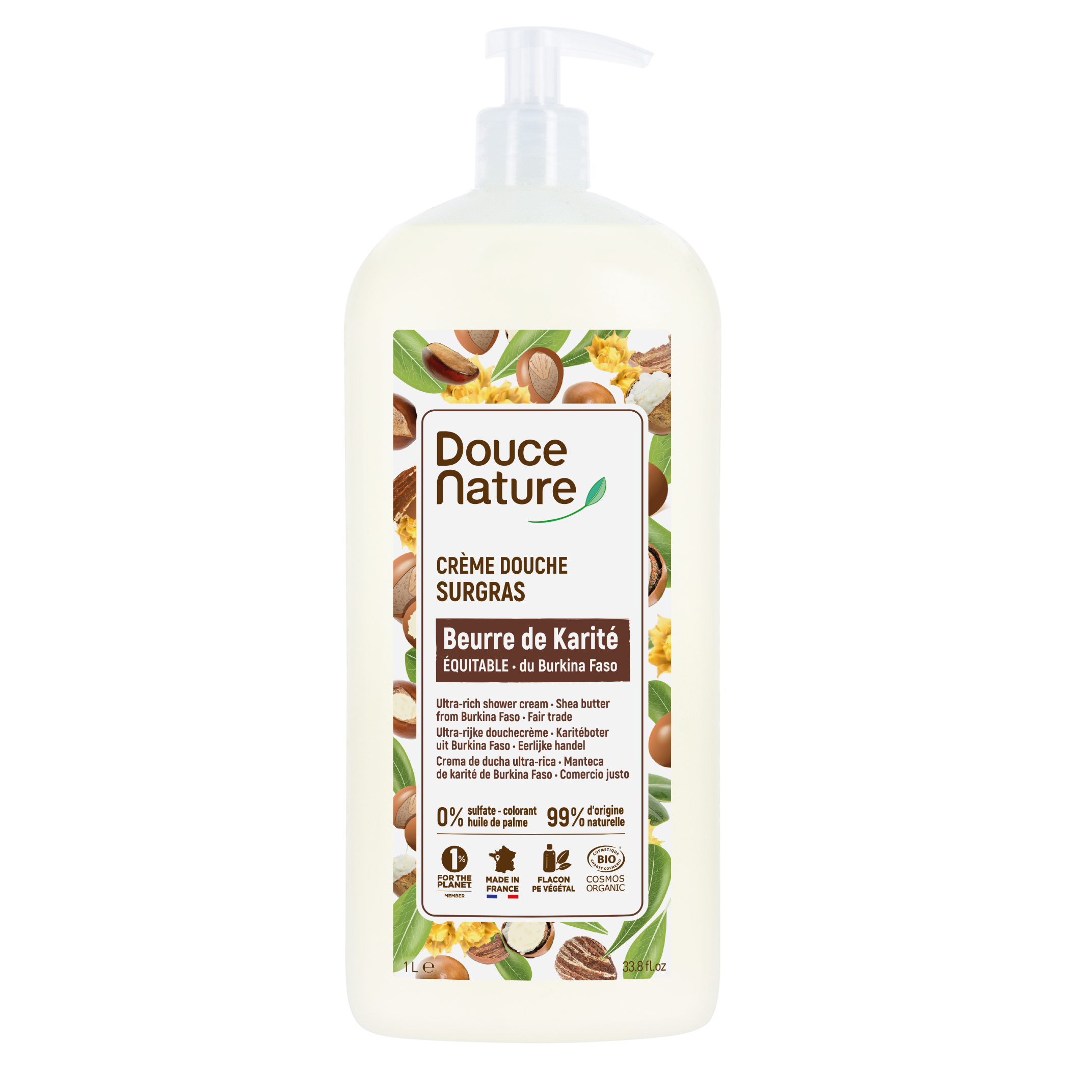 Douce Nature shea butter organic shower gel in a 1-liter bottle, gentle skincare for body and shower.
