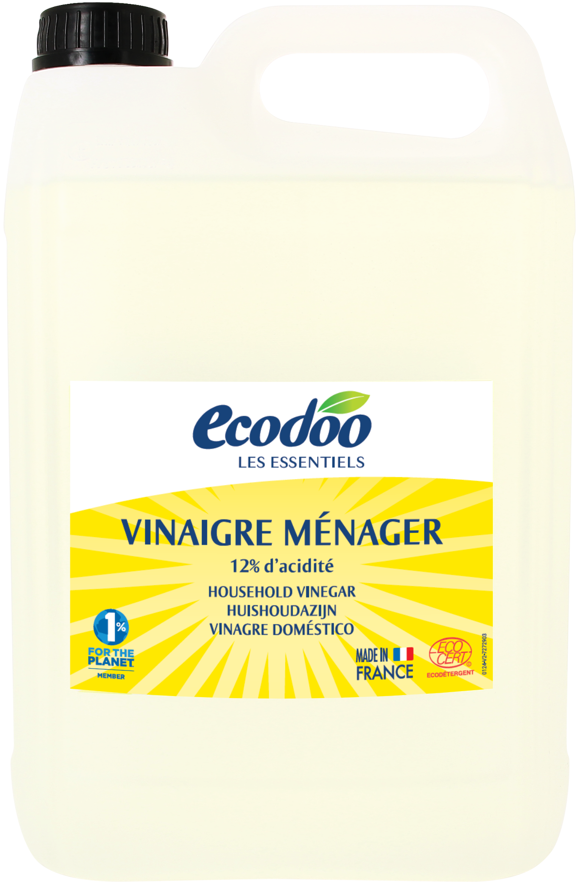 Ecodoo eco cleaning vinegar 5-liter bottle, natural household cleaning product in a clear plastic container.