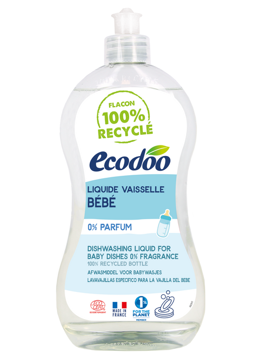 Ecodoo hypoallergenic baby-safe liquid dish soap in a 500ml bottle, gentle and bio-friendly for safe baby use