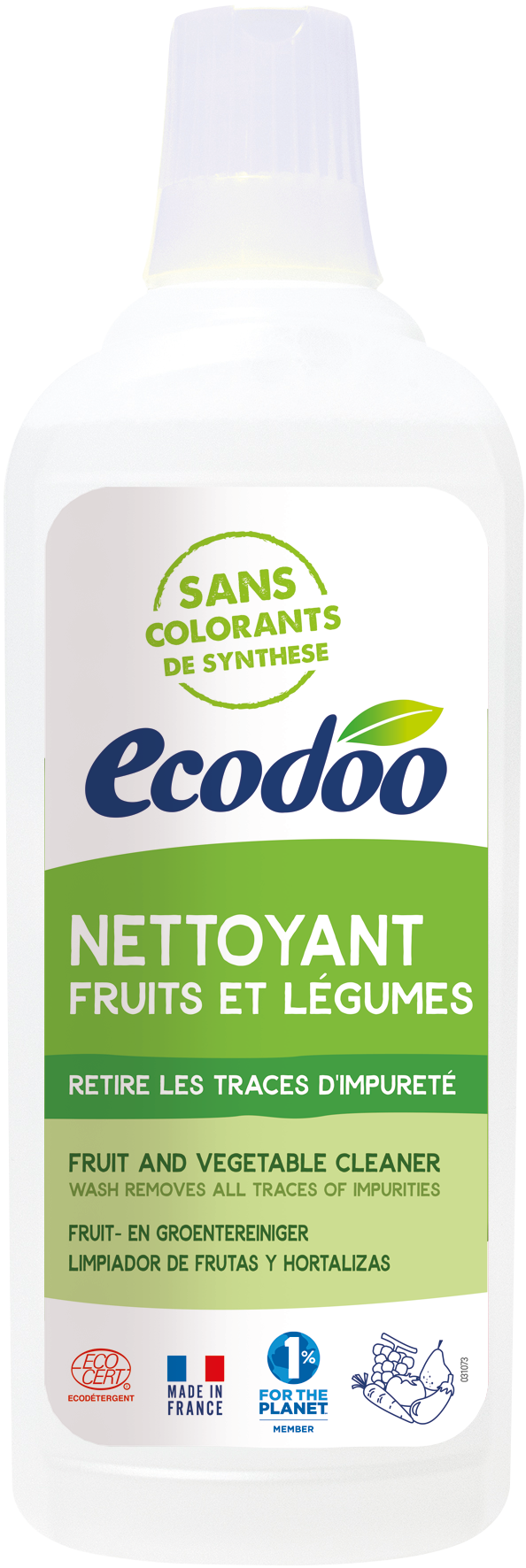 Ecodoo bio fruit and vegetable cleaner in 750ml bottle, eco-friendly cleaning product for fresh produce.