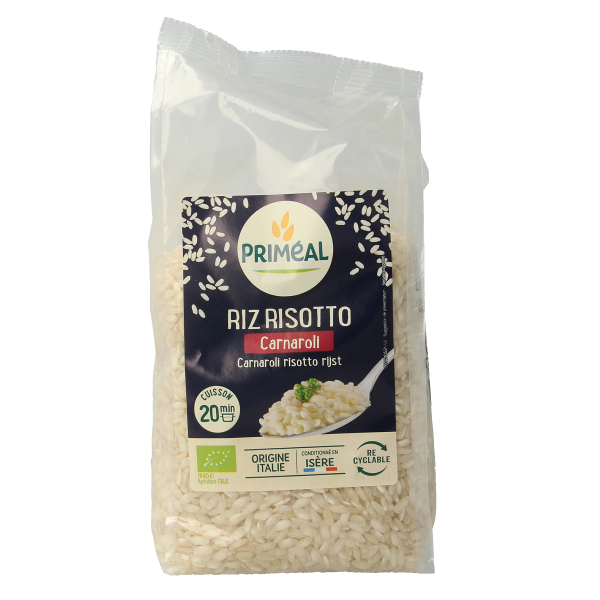 Primeal organic Witte Carnaroli rice in 500g package, showing white rice grains in a clear bag.