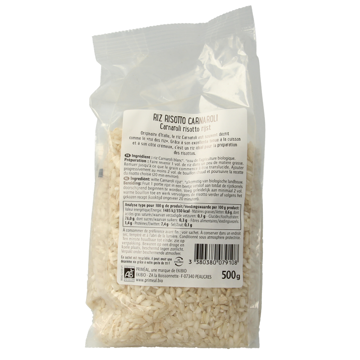 Primeal Witte Carnaroli rijst bio in 500g package, showcasing the white rice grains suitable for pasta en rijst dishes.