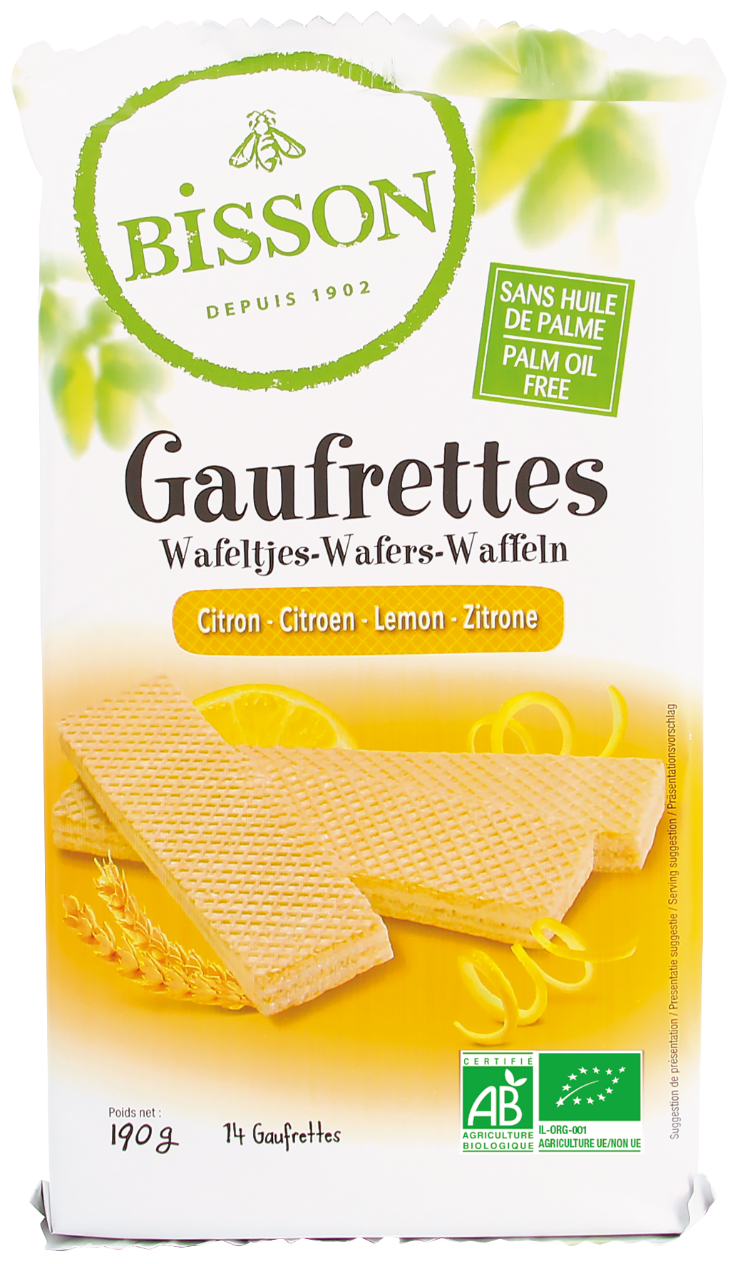 Bisson Citroen bio wafels koeken with lemon flavor, 190g, showing crispy gaufrettes with lemon zest and golden color