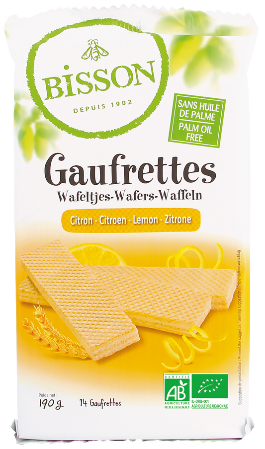 Bisson Citroen bio wafels koeken with lemon flavor, 190g, showing crispy gaufrettes with lemon zest and golden color