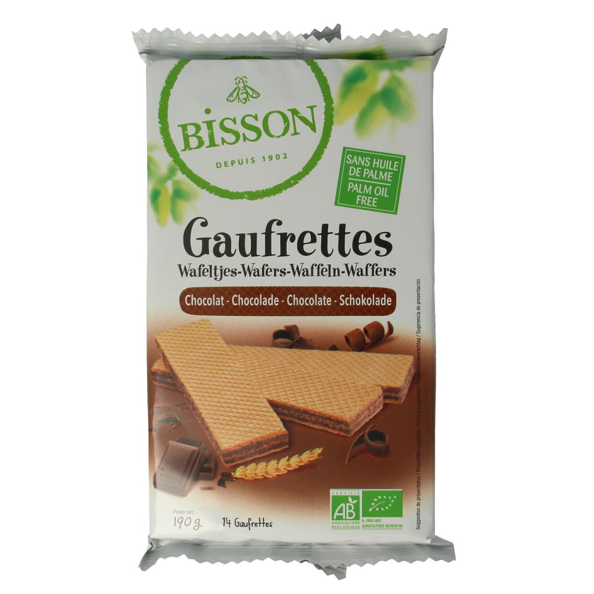 Bisson bio chocolate waffles, 190g, featuring crispy koeken with chocolate coating and textured surface.